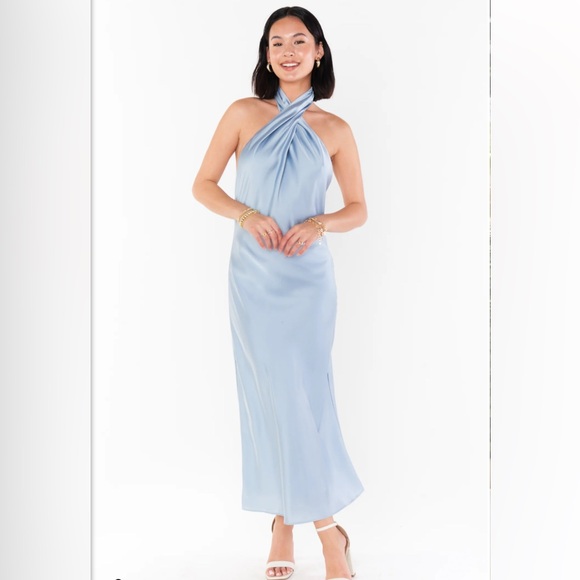 Show Me Your Mumu Jasmine Halter Midi Dress Steel Blue Lux Satin Small - Picture 1 of 7